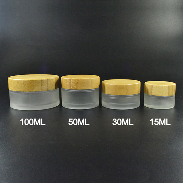 Empty 5g 15g 30g 50g 100g frosted clear glass cream jar with bamboo cap