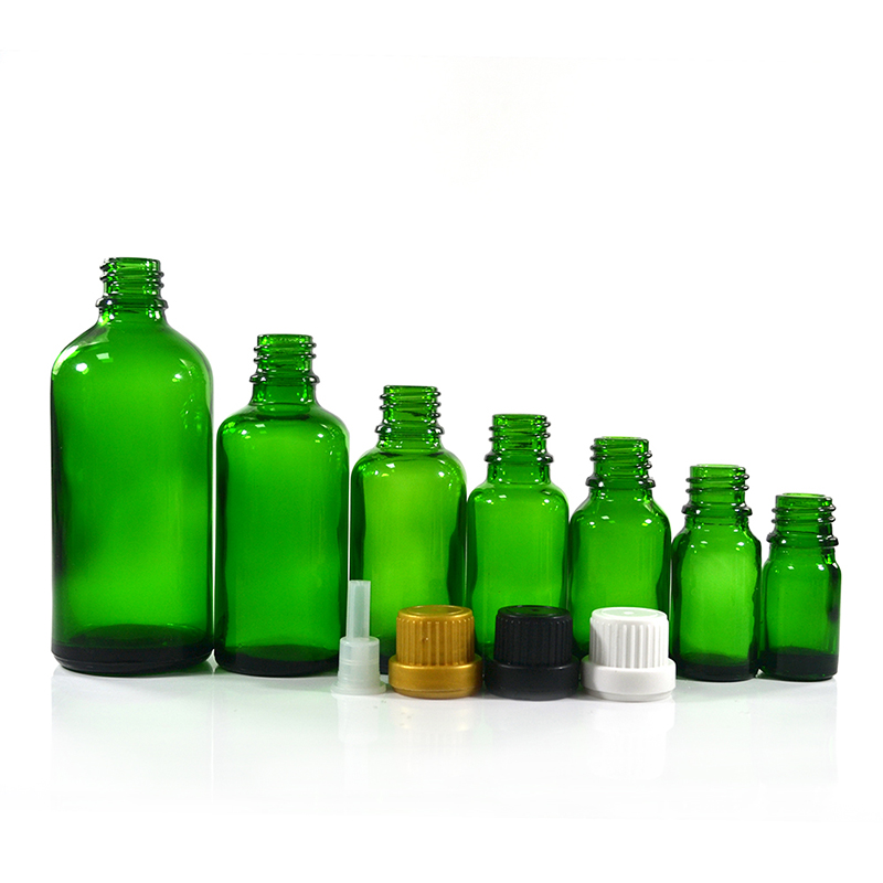 Empty 5ml 10ml 15ml 20ml 30ml 50ml 100ml natuaral green essential oil glass bottle with tamperproof lid and plug