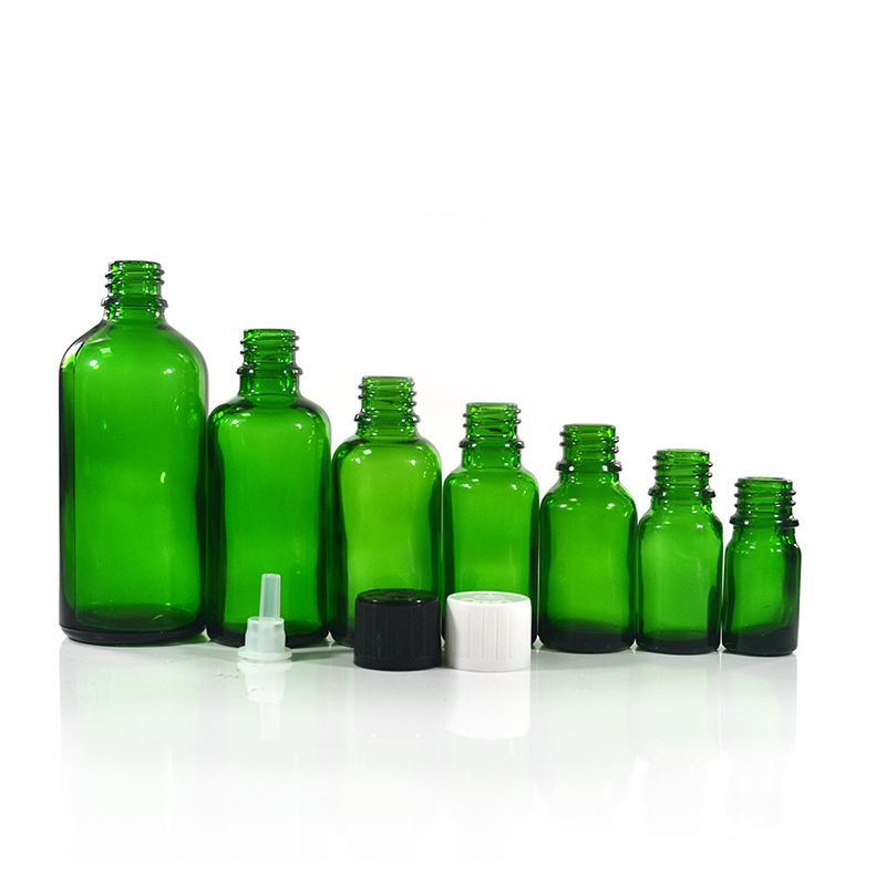 Empty 5ml 10ml 15ml 20ml 30ml 50ml 100ml natuaral green essential oil glass bottle with tamperproof lid and plug