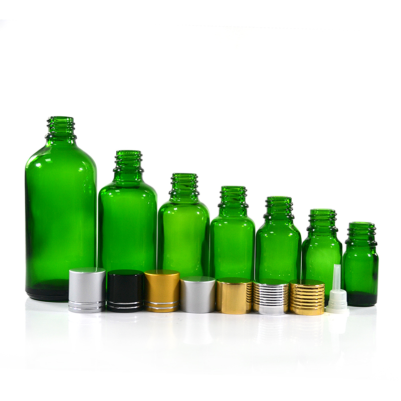 Empty 5ml 10ml 15ml 20ml 30ml 50ml 100ml natuaral green essential oil glass bottle with tamperproof lid and plug