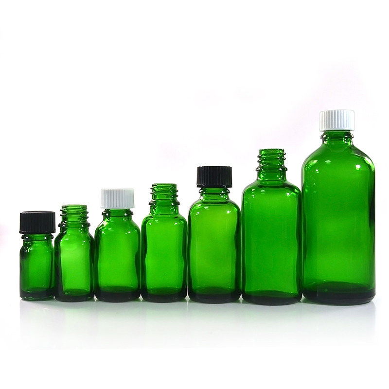 Empty 5ml 10ml 15ml 20ml 30ml 50ml 100ml natuaral green essential oil glass bottle with tamperproof lid and plug