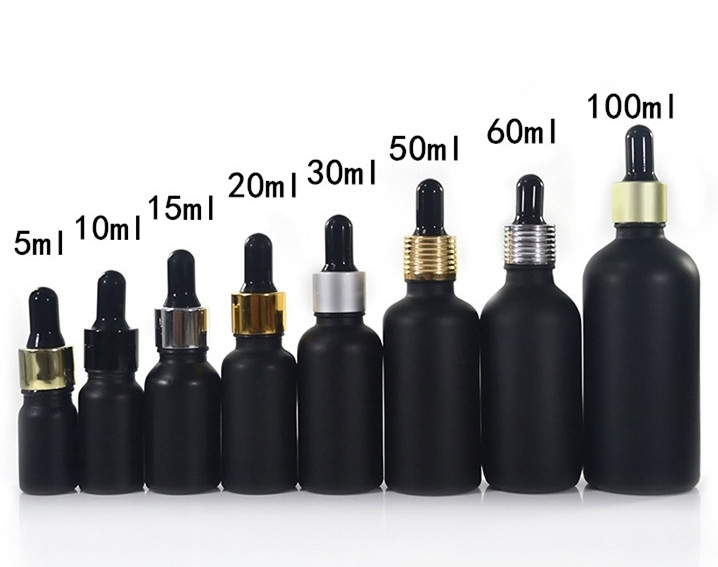 Empty 5ml 10ml 15ml 30ml 50ml 60ml 100ml matte black round glass dropper essential oil bottle