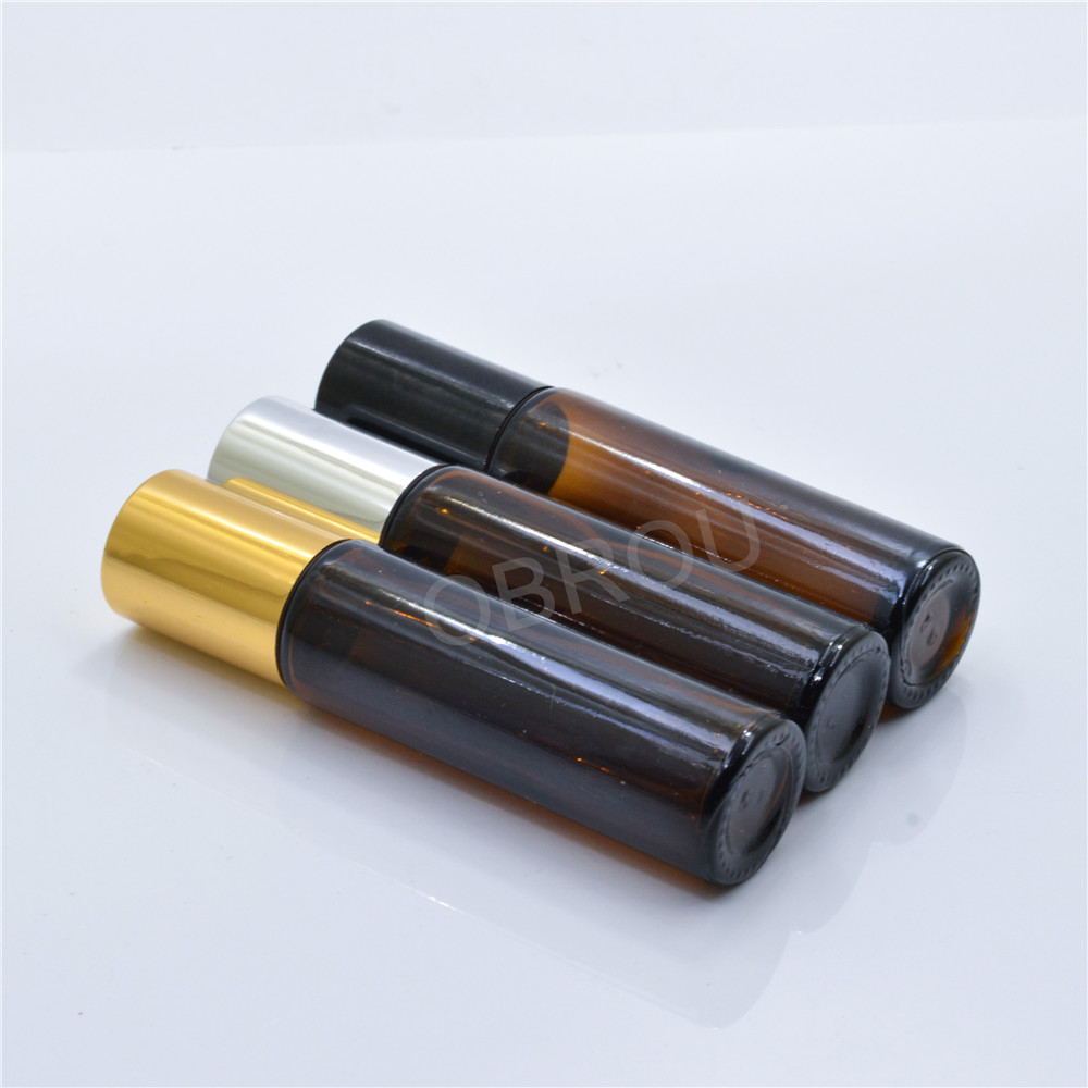 Empty 5ml 10ml amber essential oil glass roller bottle 10 ml with stainless steel roll on ball wholesale