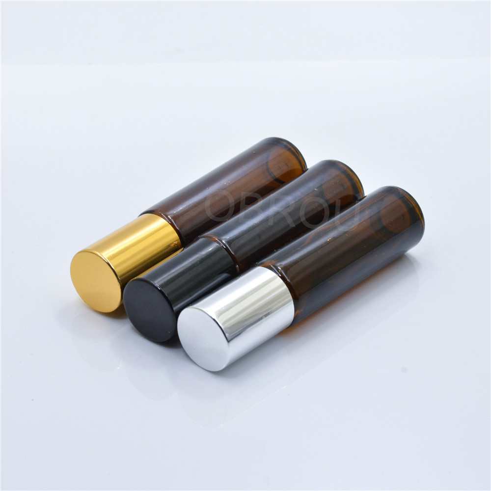 Empty 5ml 10ml amber essential oil glass roller bottle 10 ml with stainless steel roll on ball wholesale