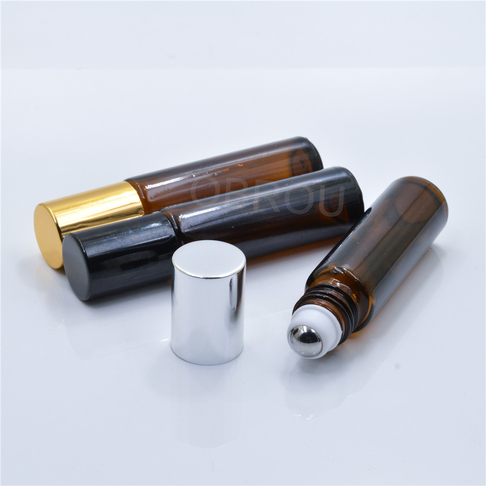 Empty 5ml 10ml amber essential oil glass roller bottle 10 ml with stainless steel roll on ball wholesale