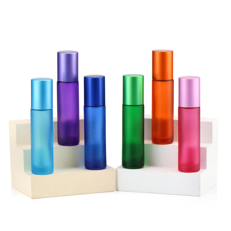 Empty 5ml 10ml colorful round glass matte perfume essential oil roll on bottle with stainless steel roller ball