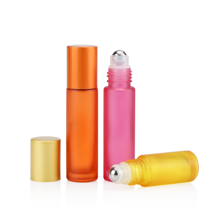 Empty 5ml 10ml colorful round glass matte perfume essential oil roll on bottle with stainless steel roller ball
