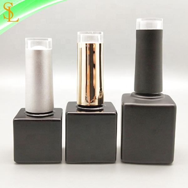 Empty 7ml 10ml 15ml square black uv nail gel polish bottles with fancy clear top caps and gel flat brushes