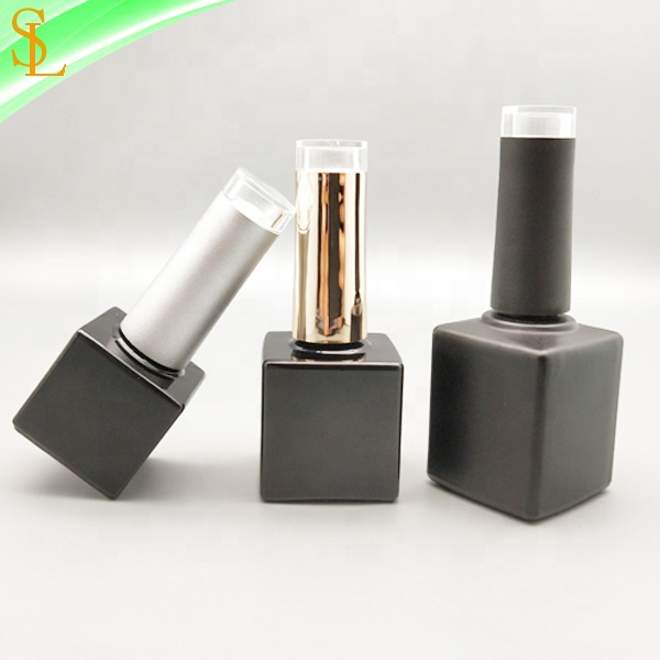 Empty 7ml 10ml 15ml square black uv nail gel polish bottles with fancy clear top caps and gel flat brushes