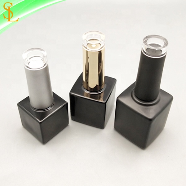Empty 7ml 10ml 15ml square black uv nail gel polish bottles with fancy clear top caps and gel flat brushes