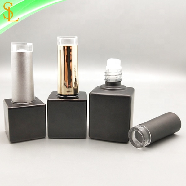 Empty 7ml 10ml 15ml square black uv nail gel polish bottles with fancy clear top caps and gel flat brushes