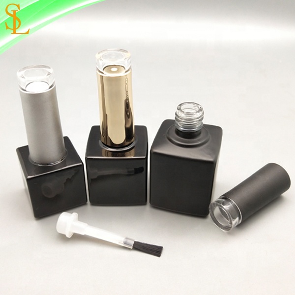Empty 7ml 10ml 15ml square black uv nail gel polish bottles with fancy clear top caps and gel flat brushes