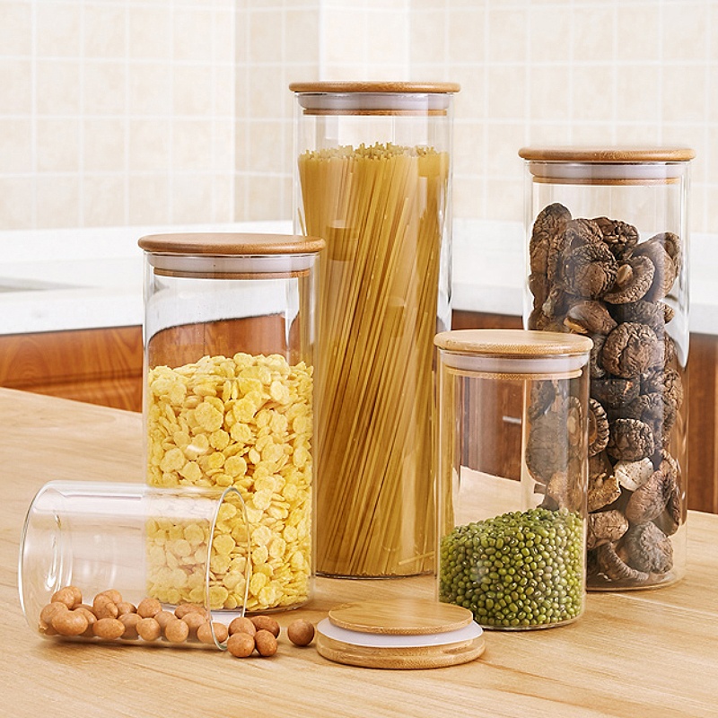 Empty Airtight Borosilicate Clear Food Coffee Storage Candy Cookie Bamboo Lid Glass Jar Air Tight