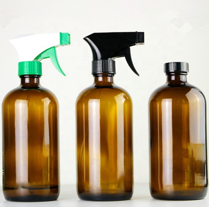 Empty Amber Glass Spray Bottle 16oz Boston Round Heavy Duty Brown Bottles Trigger Sprayer Mist