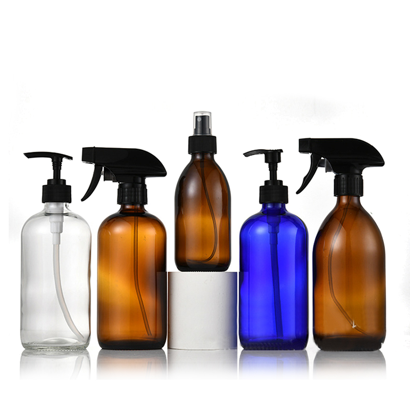 Empty Amber Glass Spray Bottles 16oz Refillable Container with Durable Black Trigger Sprayer for Essential Oils