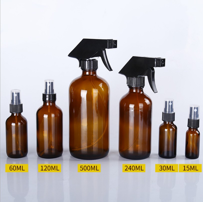 Empty Amber Glass Spray Bottles with Labels 8oz 16oz Refillable Container for Essential Oils, Cleaning Products, or Aroma