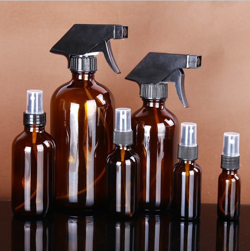 Empty Amber Glass Spray Bottles with Labels 8oz 16oz Refillable Container for Essential Oils, Cleaning Products, or Aroma