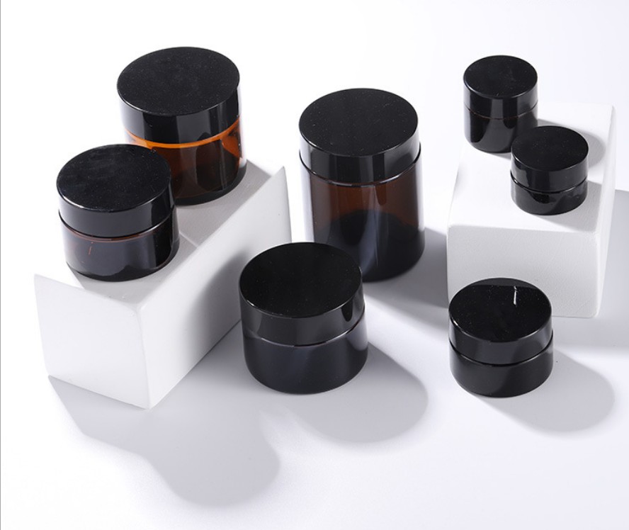 Empty Amber Round Glass Jars with White Inner Liners and black Lids High End Glass Containers for Cream