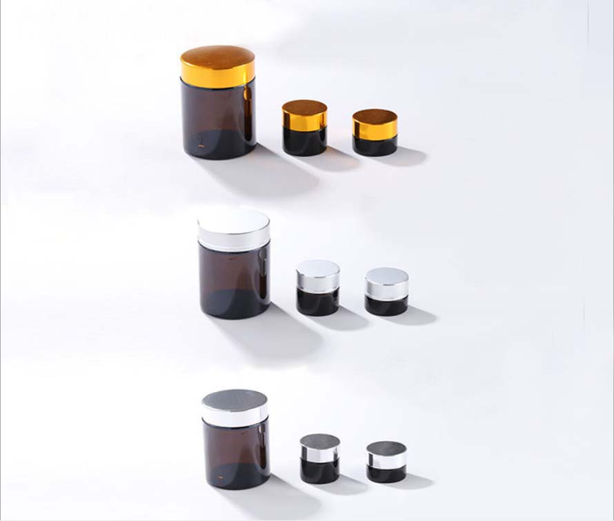 Empty Amber Round Glass Jars with White Inner Liners and black Lids High End Glass Containers for Cream