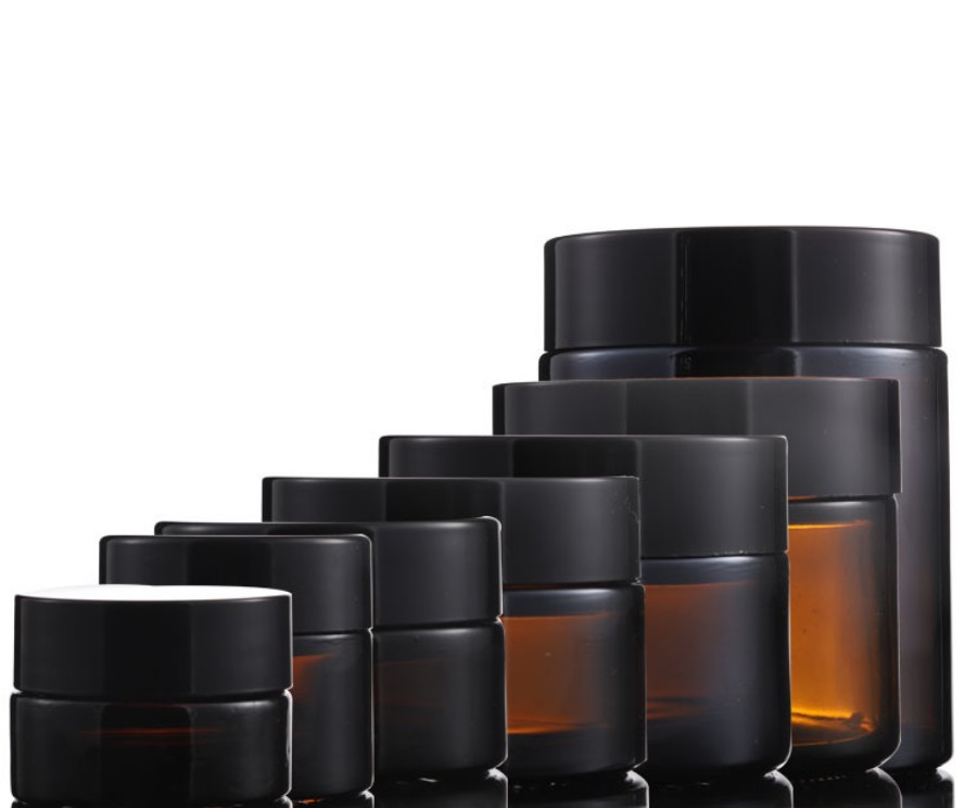 Empty Amber Round Glass Jars with White Inner Liners and black Lids High End Glass Containers for Cream