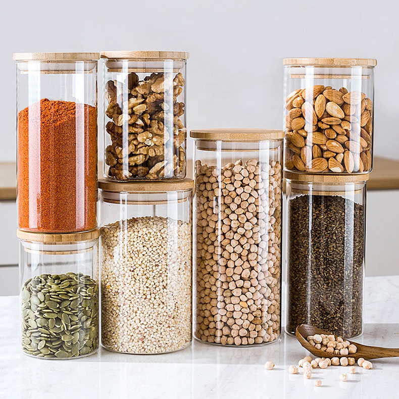 Empty Big Container Storage Coffee Bamboo Spice Food Grade Clear Borosilicate Glass Jars In Bulk