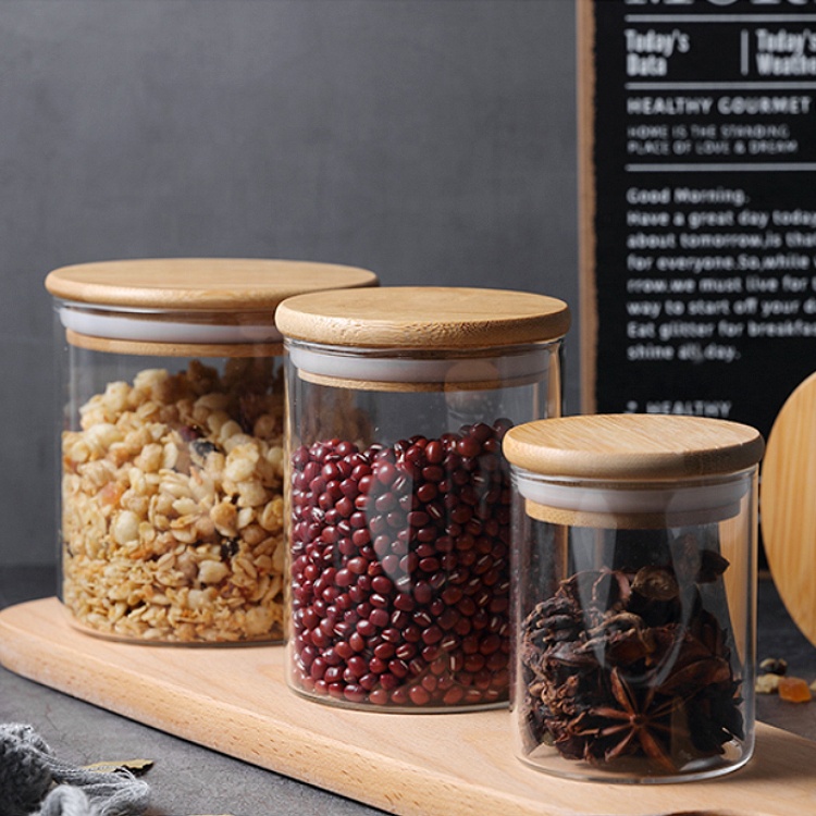 Empty Big Container Storage Coffee Bamboo Spice Food Grade Clear Borosilicate Glass Jars In Bulk