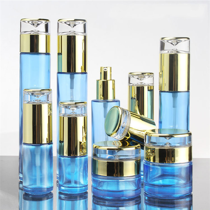 Empty Blue Glass Bottle Gold Cap Spray Bottle Cosmetic Cream Jar Refillable Bottles Emulsion Lotion Pump Vials 30/50g 20ml-120ml