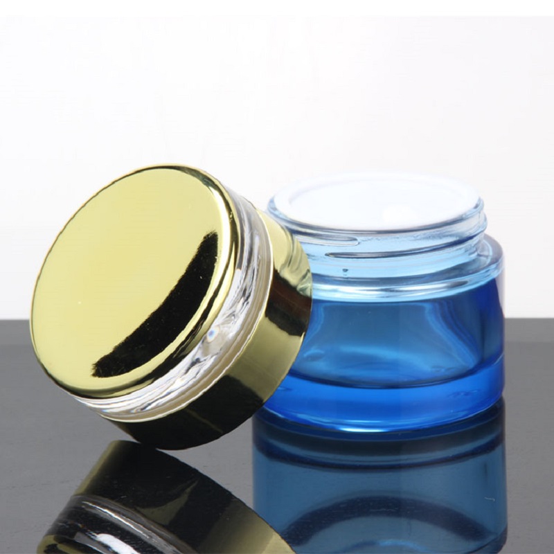 Empty Blue Glass Bottle Gold Cap Spray Bottle Cosmetic Cream Jar Refillable Bottles Emulsion Lotion Pump Vials 30/50g 20ml-120ml