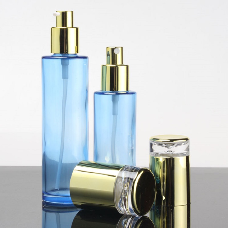 Empty Blue Glass Bottle Gold Cap Spray Bottle Cosmetic Cream Jar Refillable Bottles Emulsion Lotion Pump Vials 30/50g 20ml-120ml