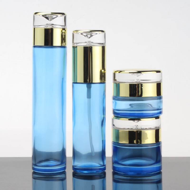 Empty Blue Glass Bottle Gold Cap Spray Bottle Cosmetic Cream Jar Refillable Bottles Emulsion Lotion Pump Vials 30/50g 20ml-120ml
