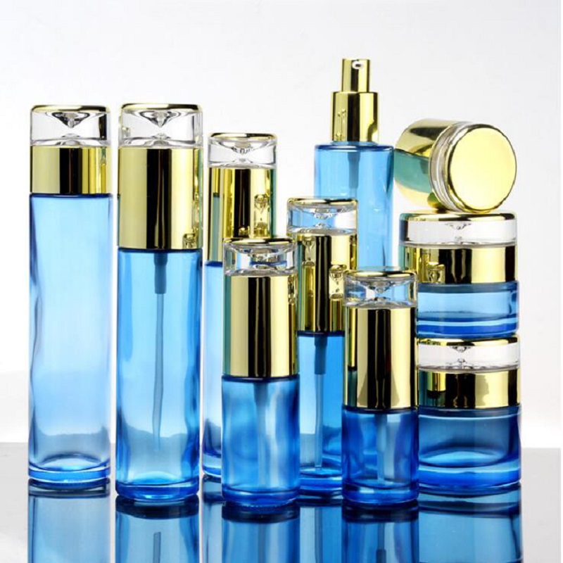 Empty Blue Glass Bottle Gold Cap Spray Bottle Cosmetic Cream Jar Refillable Bottles Emulsion Lotion Pump Vials 30/50g 20ml-120ml
