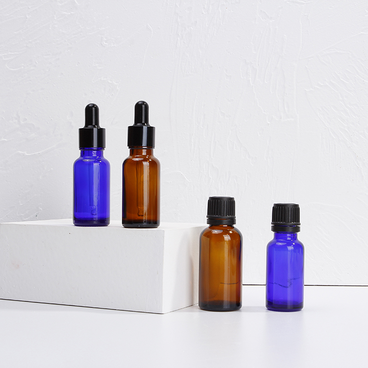 Empty Blue Glass Essential Oil Bottle With Black Dropper For Massage oil With Lids