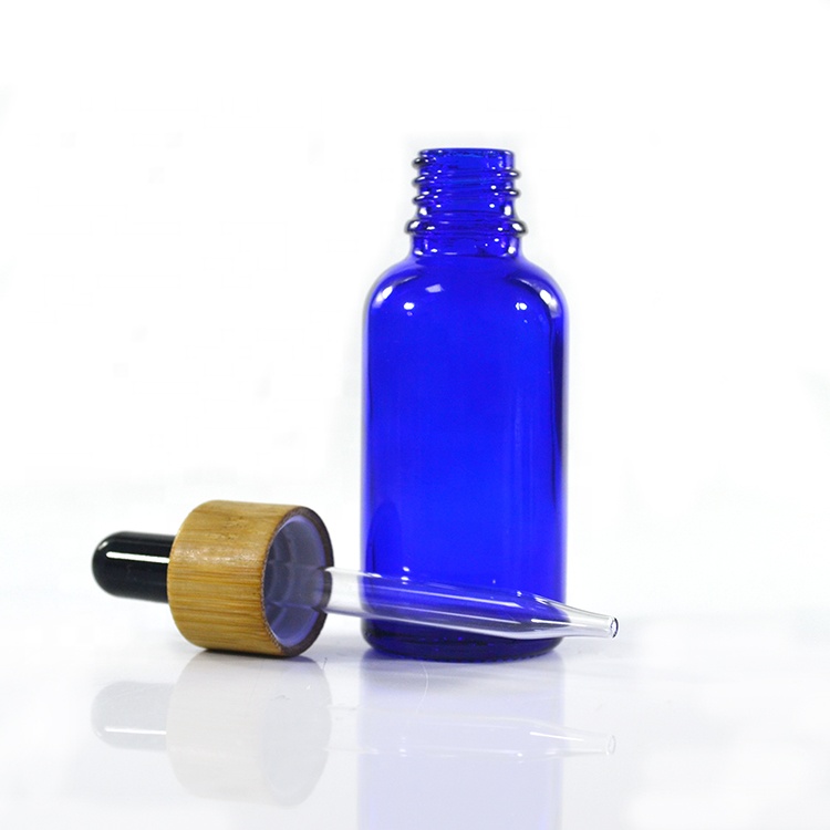 Empty CBD oil 5ml 10ml 15ml 20ml 1oz 30ml 50ml 100ml Cobalt blue glass dropper bottle with bamboo cap pipette