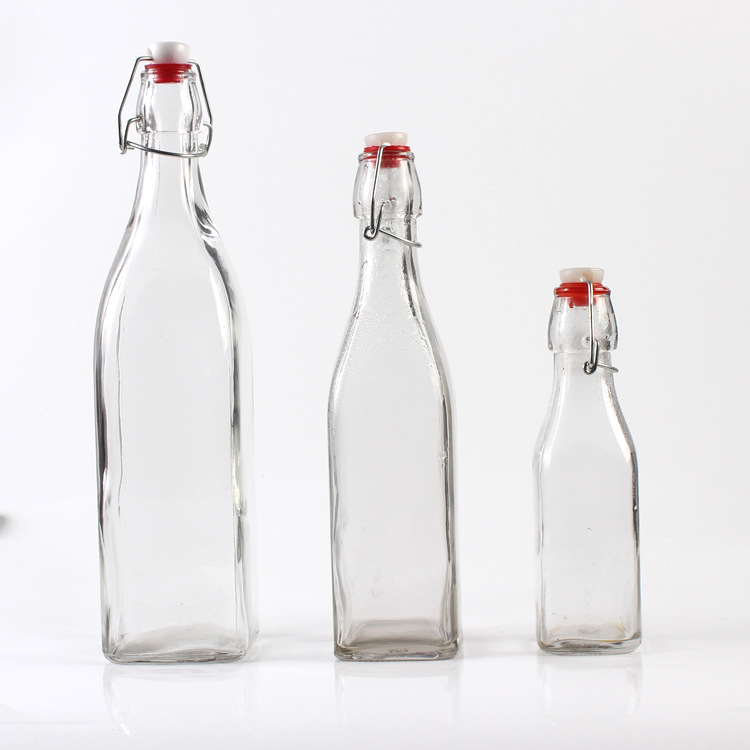 Empty Clear 250ml 500ml 1000ml Custom Easy Cap Square Glass Swing Top Bottle For Beverage,Kombucha Tea Glass bottle Wholesale