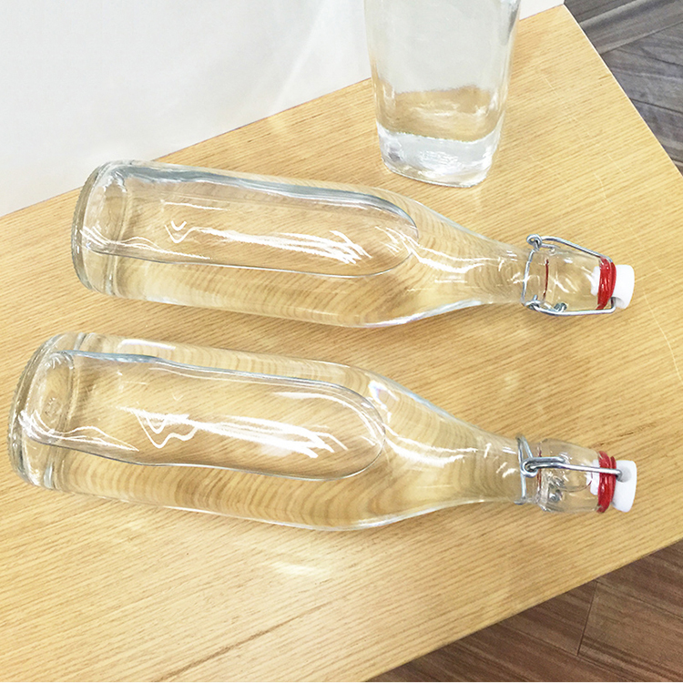 Empty Clear 250ml 500ml 1000ml Custom Easy Cap Square Glass Swing Top Bottle For Beverage,Kombucha Tea Glass bottle Wholesale