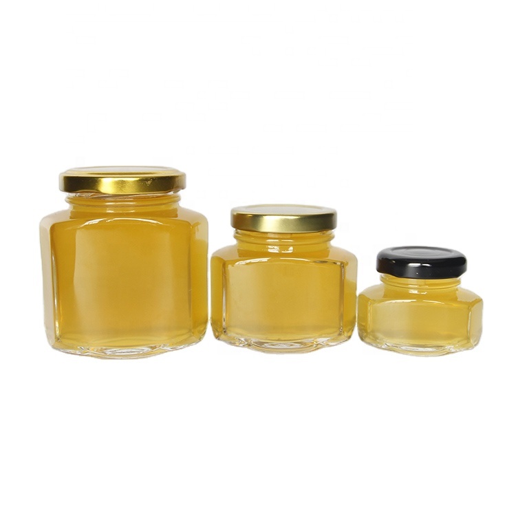 Empty Clear 45ml 106ml 180ml Oval Hexagon Glass Honey Jam Jar With Gold Cap For Storage