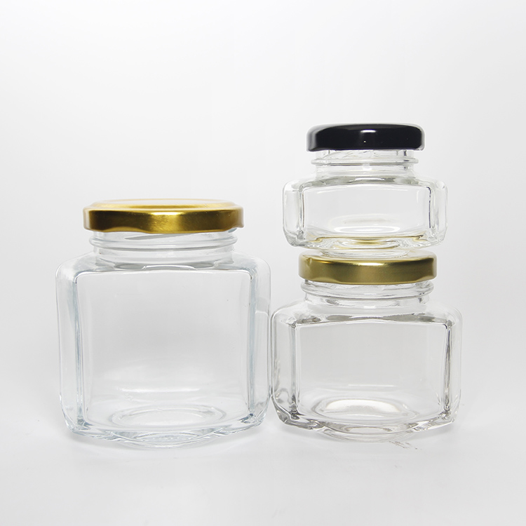 Empty Clear 45ml 106ml 180ml Oval Hexagon Glass Honey Jam Jar With Gold Cap For Storage