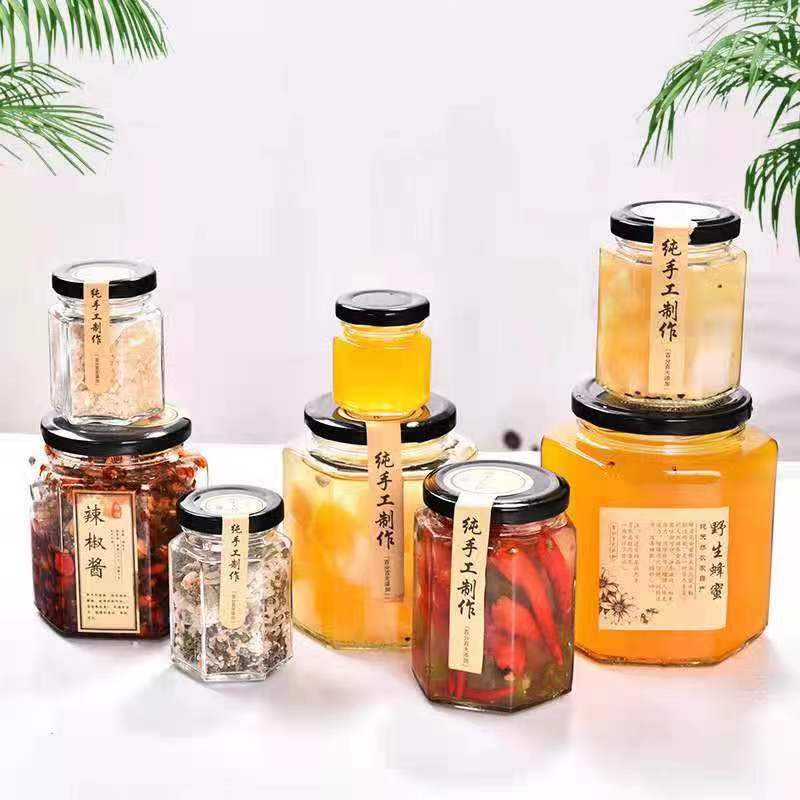 Empty Clear 45ml 50ml 250ml 100ml 280ml 200ml 2oz 8oz Food Candy Honey Storage Hexagon Glass Jars and Containers with Metal Lid