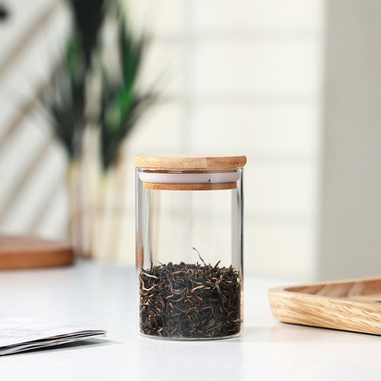 Empty Clear Food Grade Storage Tube Spice Tea Airtight Bottle Borosilicate Glass Jar Bamboo Lid