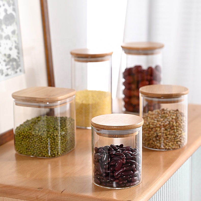 Empty Clear Storage Coffee Spice Grade Jar In Bulk Bamboo Food Big Container Glass Borosilicate