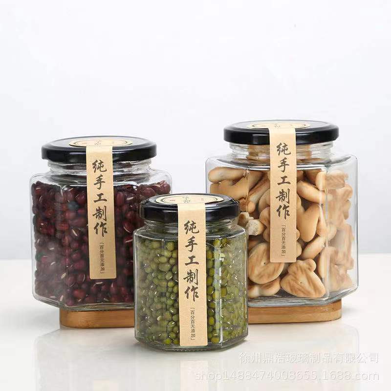 Empty Clear black Free Sample 45ml 100ml 180ml 280ml 380ml 500ml 730ml Hexagonal Honey Glass Jar Jam Jar with Lid