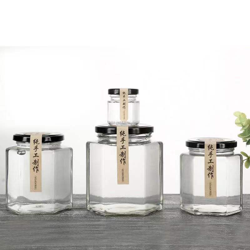 Empty Clear black Free Sample 45ml 100ml 180ml 280ml 380ml 500ml 730ml Hexagonal Honey Glass Jar Jam Jar with Lid