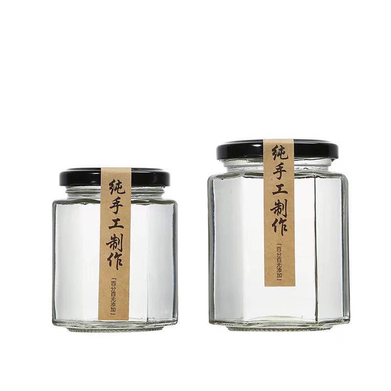 Empty Clear black Free Sample 45ml 100ml 180ml 280ml 380ml 500ml 730ml Hexagonal Honey Glass Jar Jam Jar with Lid
