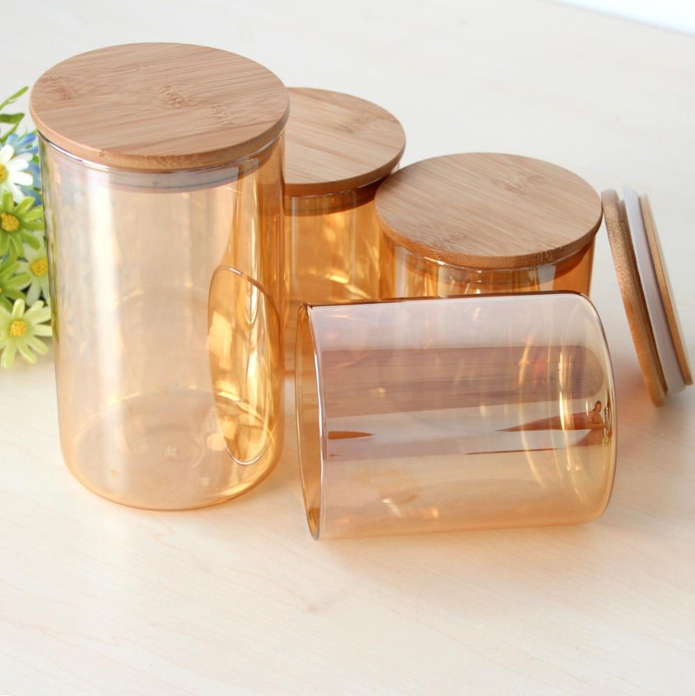 Empty Coffee Borosilicate Clear Food Candy Cookie Storage Airtight Bamboo Lid Glass Jar Amber
