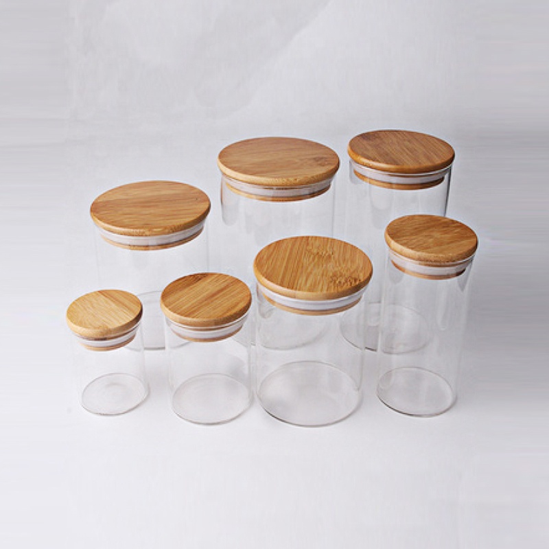 Empty Coffee Borosilicate Clear Food Storage Candy Cookie Bamboo Lid Glass Jar Airtight