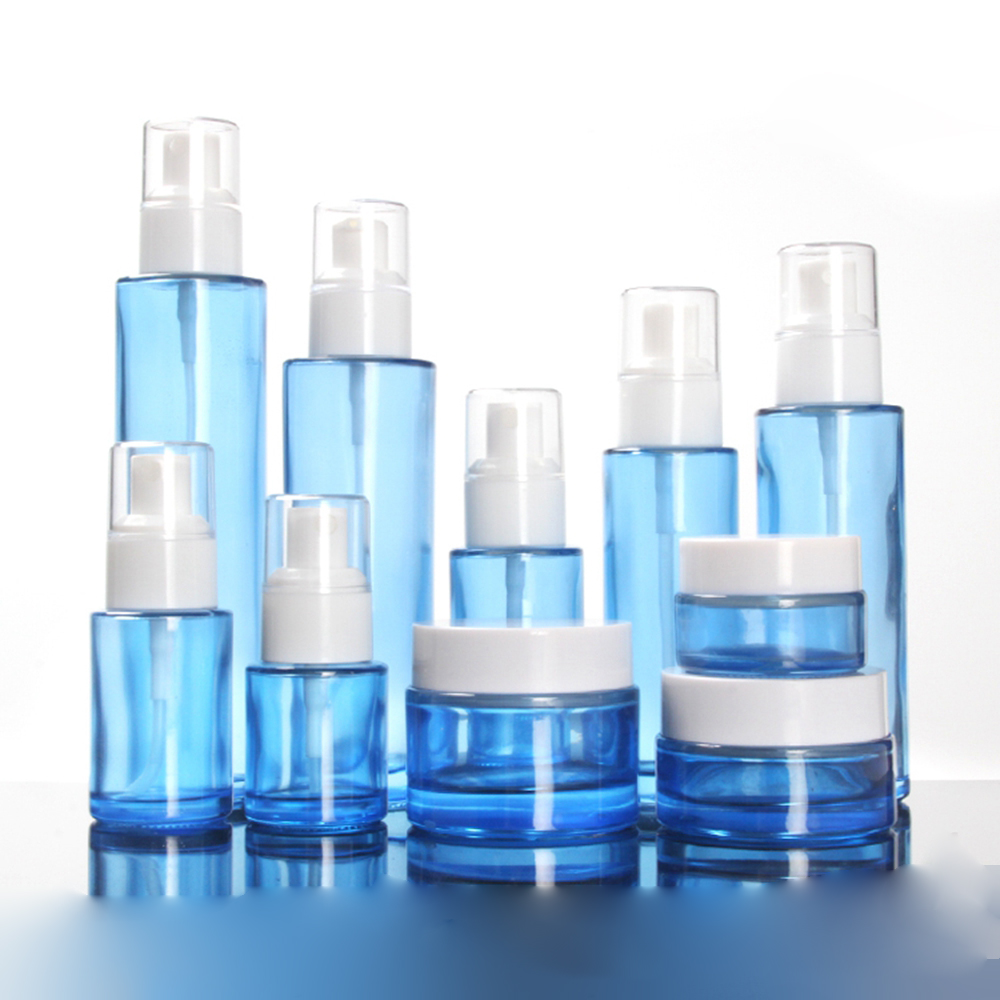 Empty Cosmetic 30ml 40ml 60ml 100ml 200ml matte clear flat shoulder glass cylinder serum bottle with white lotion pump