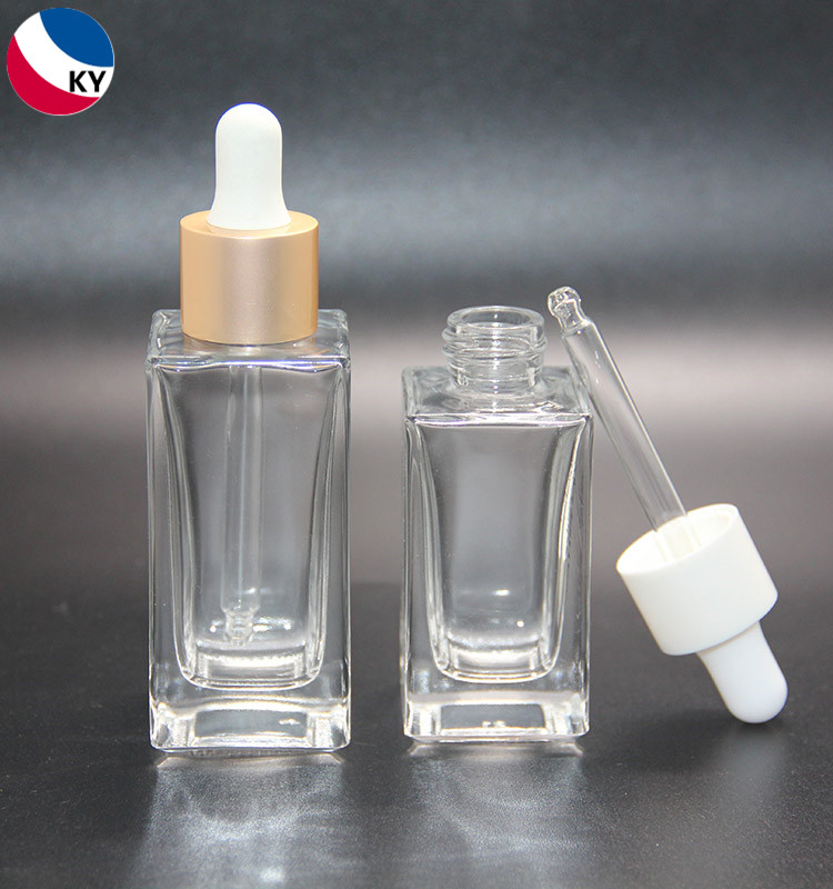 Empty Cosmetic 30ml 50ml Luxury Flat Shoulder Square Clear Glass Essential Oil Dropper Bottle