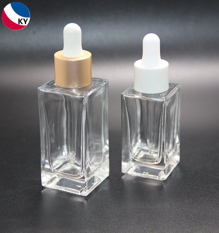 Empty Cosmetic 30ml 50ml Luxury Flat Shoulder Square Clear Glass Essential Oil Dropper Bottle