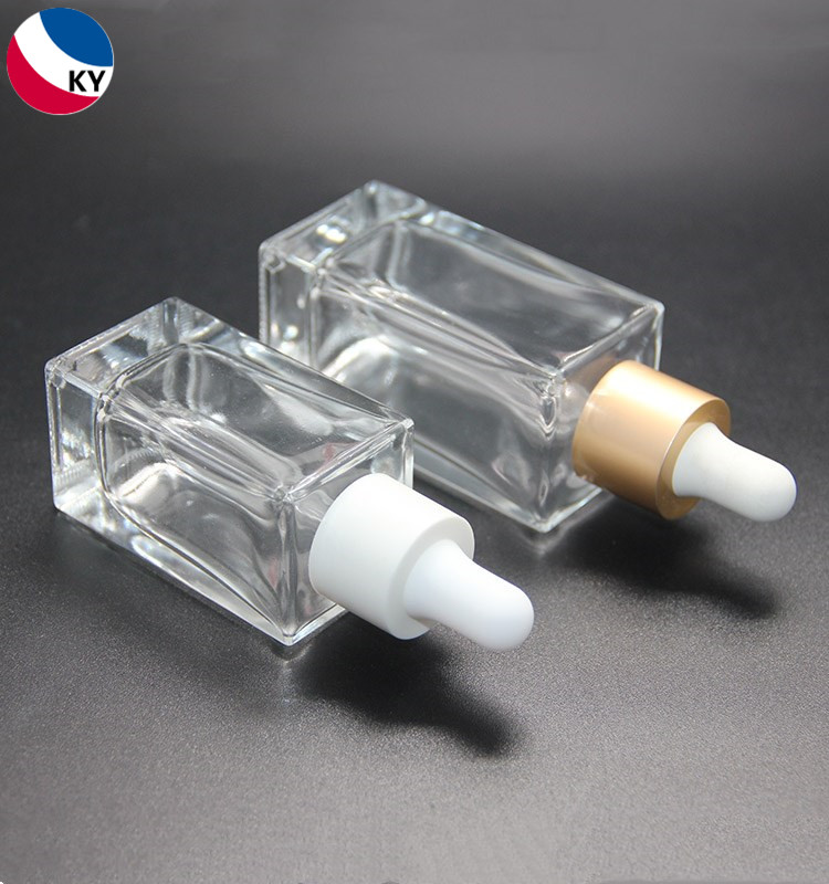 Empty Cosmetic 30ml 50ml Luxury Flat Shoulder Square Clear Glass Essential Oil Dropper Bottle