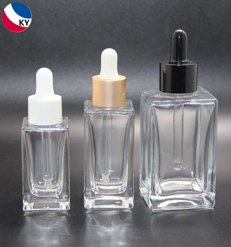 Empty Cosmetic 30ml 50ml Luxury Flat Shoulder Square Clear Glass Essential Oil Dropper Bottle